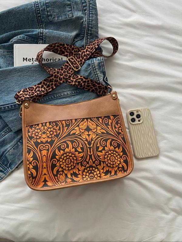 Women's Fashion Leopard & Floral & Cow Pattern Shoulder Bag, Casual PU Leather Crossbody Bag for Daily Life, Trendy Versatile Vintage Commuting Bag