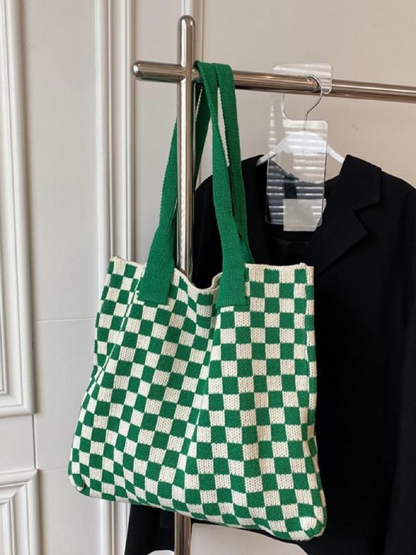 Simple Style Checkerboard Tote Bags for Women, Casual Trendy Large Capacity Shoulder Bag for Work & School, Fashionable Shopping Bag for Summer 2024 Daily Use, Fall Outfits, Fall Freshness Fall