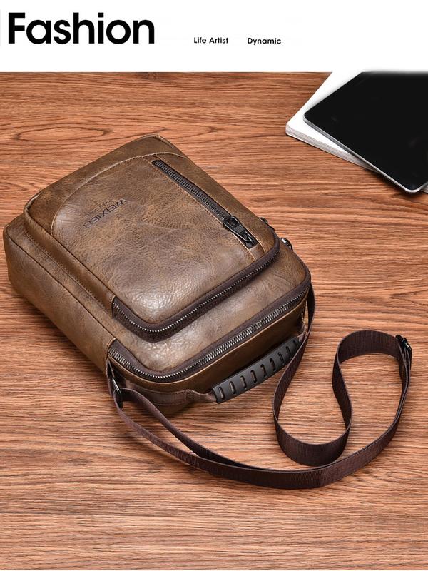 Men's Solid Color Zipper Pu Leather Wear-resistant Crossbody Bag, Business Casual Large Capacity Square Shape Handbag with Adjustable Shoulder Strap