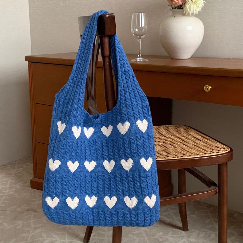 Fashion Heart Pattern Crochet Minimalist Tote Bag, Casual Large Capacity Shoulder Bag for Women, Female Trendy School Bag for Daily Wear, Office, College, Work, Commute,  Gift for her