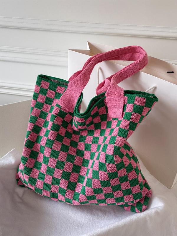 Simple Style Checkerboard Tote Bags for Women, Casual Trendy Large Capacity Shoulder Bag for Work & School, Fashionable Shopping Bag for Summer 2024 Daily Use, Fall Outfits, Fall Freshness Fall