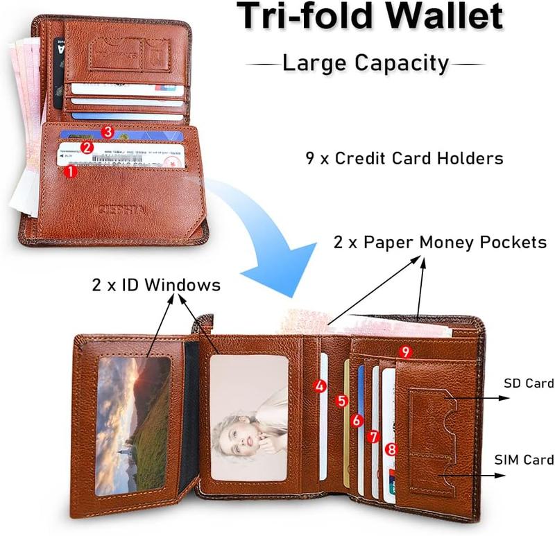 RFID Blocking Trifold Genuine Leather Wallets for Men, Vintage Short Multi Function Credit Card Holder,Money Clips with 2 ID Windows Give Gifts to Men (Brown)