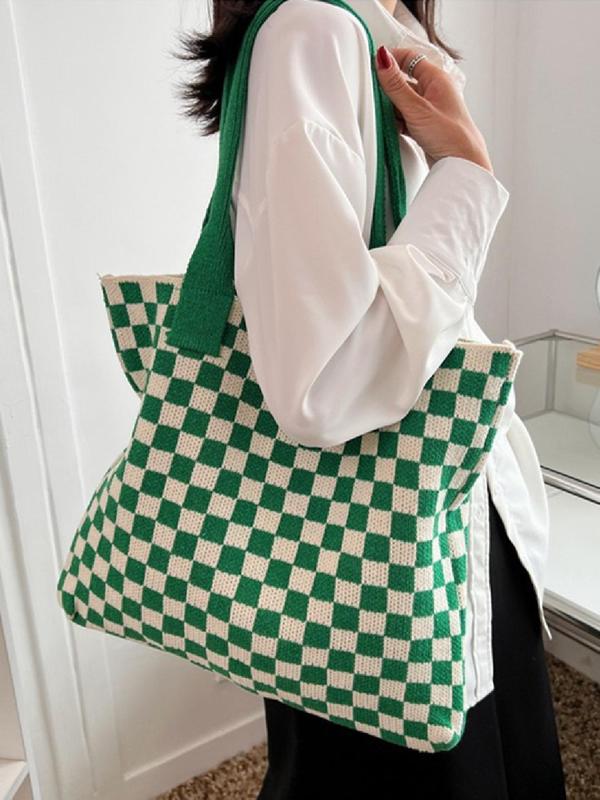 Simple Style Checkerboard Tote Bags for Women, Casual Trendy Large Capacity Shoulder Bag for Work & School, Fashionable Shopping Bag for Summer 2024 Daily Use, Fall Outfits, Fall Freshness Fall