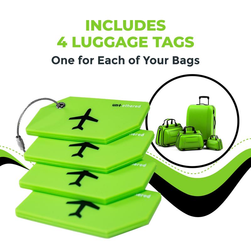 Untethered 4-Pack Luggage Tag Set | Luggage Tags, Luggage Tags for Suitcases, Bag Tag, Luggage Tags 4 Pack, Suitcase Tags, Identifiers Travel Bag Tags for Luggage, Name Travel Tags for Luggage (Green)