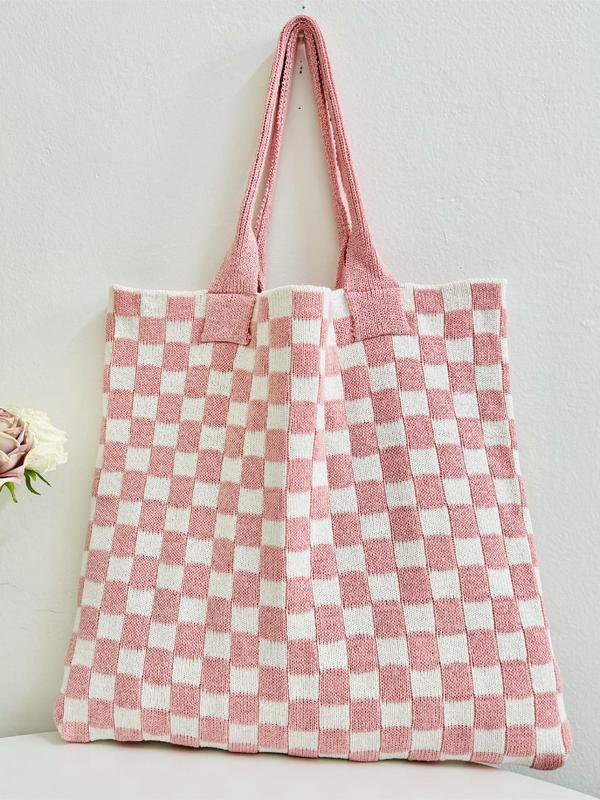 Simple Style Checkerboard Tote Bags for Women, Casual Trendy Large Capacity Shoulder Bag for Work & School, Fashionable Shopping Bag for Summer 2024 Daily Use, Fall Outfits, Fall Freshness Fall