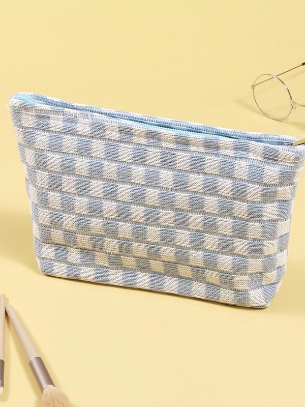 Casual Matching Checked Pattern Makeup Bag, 2024 New Stylish Large Capacity Cosmetic Storage Bag, Portable Travel Wash Bag