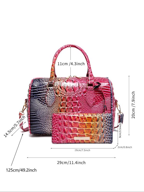 Fashionable Crocodile Embossed Ombre Color Designer Handbag & Long Wallet Set, Luxury Designer Handbags, Casual Trendy Versatile High-quality Daily Work Bag, Girl Fashionable Shopping Bag, Everyday Bag