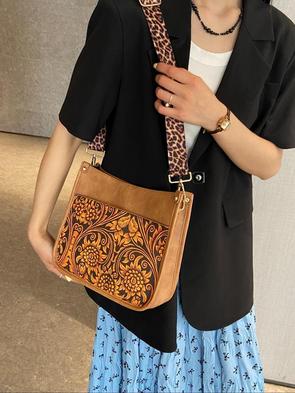 Women's Fashion Leopard & Floral & Cow Pattern Shoulder Bag, Casual PU Leather Crossbody Bag for Daily Life, Trendy Versatile Vintage Commuting Bag