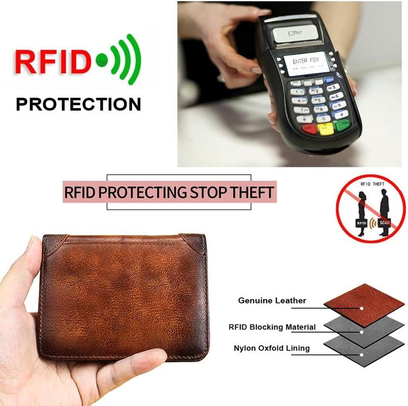 RFID Blocking Trifold Genuine Leather Wallets for Men, Vintage Short Multi Function Credit Card Holder,Money Clips with 2 ID Windows Give Gifts to Men (Brown)