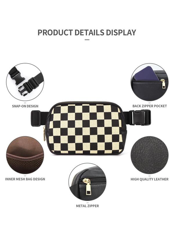 Checkerboard Pattern Fanny Pack, Fashionable PU Leather Zipper Belt Bag for Women, Casual Trendy Versatile High-quality Daily Commuting Bag