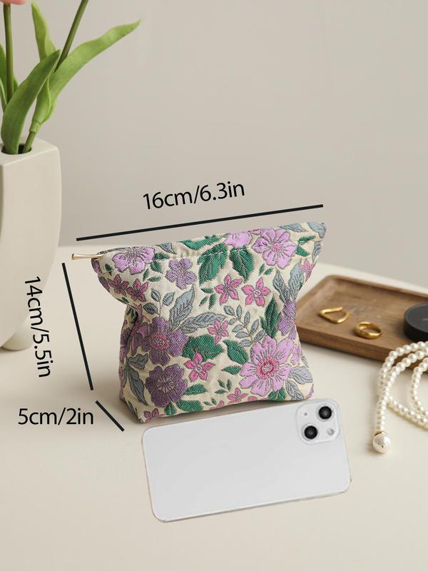 Floral Pattern Makeup Bag, Portable Zipper Cosmetic Storage Bag, Zipper Makeup Organizer Pouch, Versatile Storage Bag for Skincare, Lotion, Cream, Lip Balm, Eyeliners, Makeup Brushes, Stationery