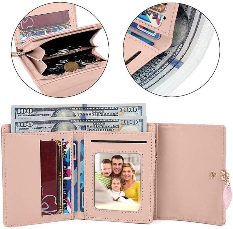 RFID Wallets for Women, Leaf Card Holder Trifold Ladies Wallets Coins Zipper Pocket with ID Window Small Size Grey