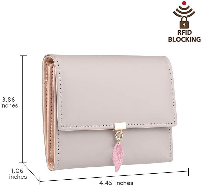 RFID Wallets for Women, Leaf Card Holder Trifold Ladies Wallets Coins Zipper Pocket with ID Window Small Size Grey