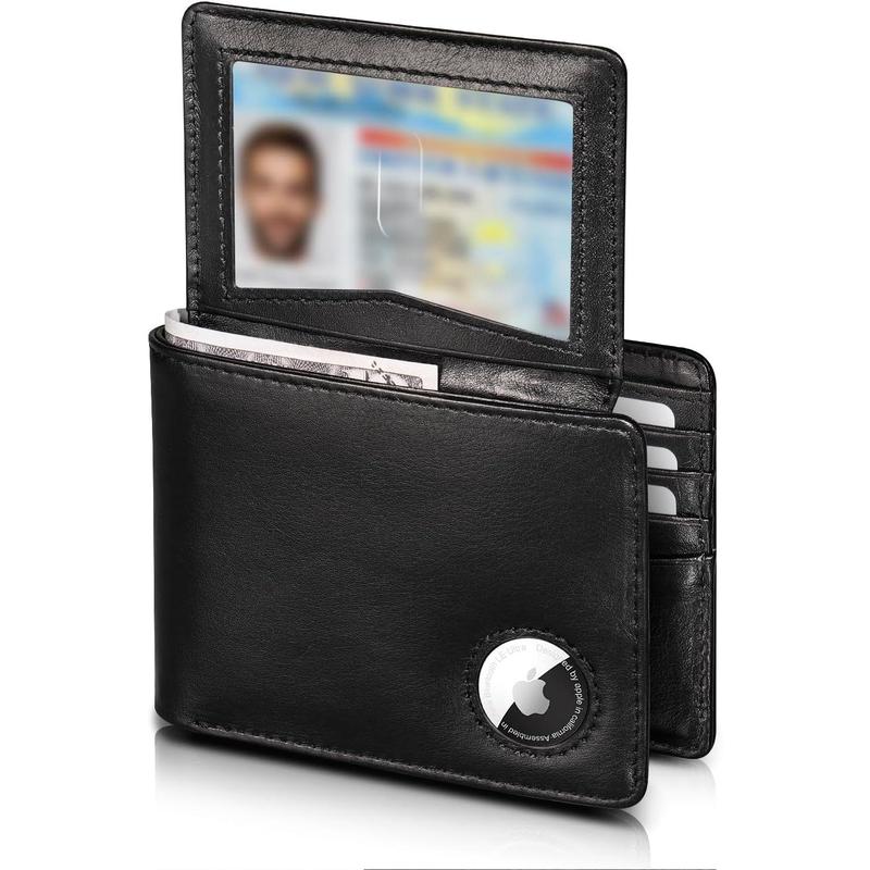 AirTag Wallet - Top Grain Leather Bifold Mens Wallet with AirTag Holder, RFID Blocking Wallet for Men with 2 ID Window 12 Card Holders and Gift Box - Black