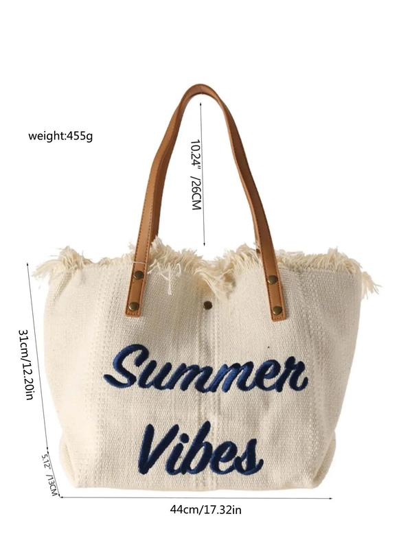 2024 Summer Fashion Letter Pattern Tassel Decor Canvas Tote Bag, Large Capacity Everything Tote Bag for Women, Vacation Beach Bag