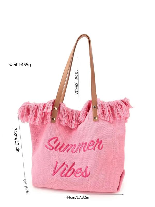 2024 Summer Fashion Letter Pattern Tassel Decor Canvas Tote Bag, Large Capacity Everything Tote Bag for Women, Vacation Beach Bag