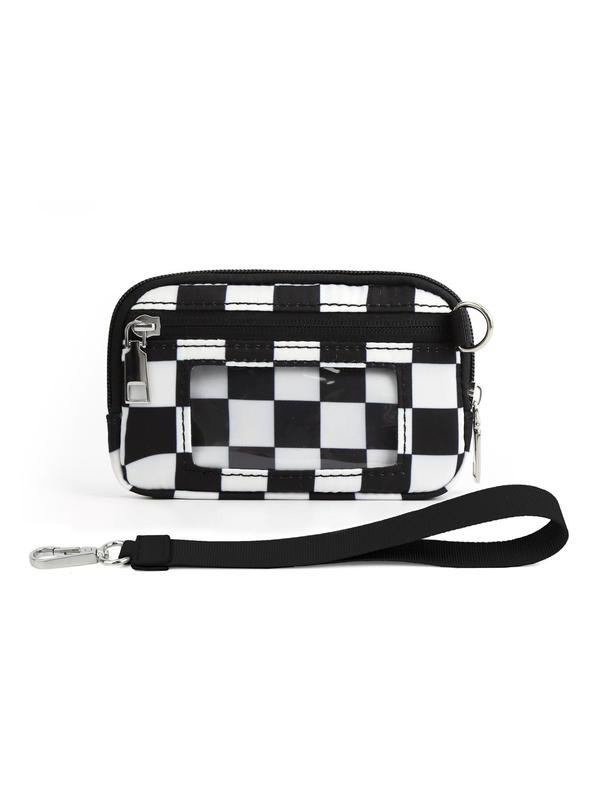 Women's Solid Color Checkerboard Cow Print Zipper Wristlet, Fashionable Wristlet with ID Card Window, Casual Trendy Daily Wallet for Women