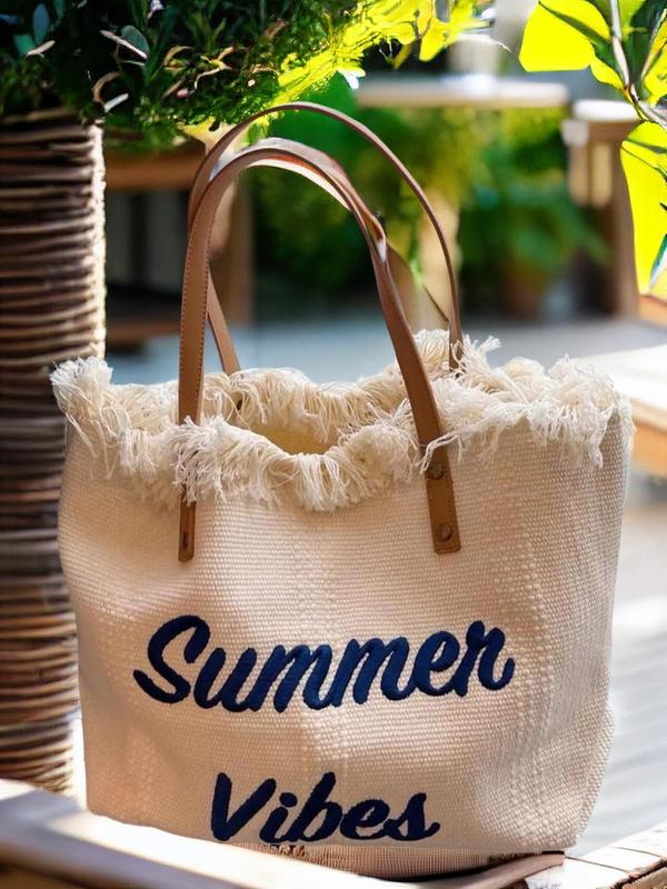 2024 Summer Fashion Letter Pattern Tassel Decor Canvas Tote Bag, Large Capacity Everything Tote Bag for Women, Vacation Beach Bag