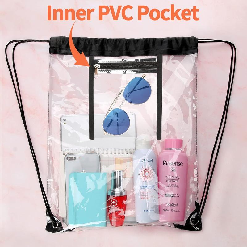 2 PACK Clear Drawstring Bag Stadium Approved, See Through PVC Drawstring bags, Transparent Backpack with Inner Zipper Pocket