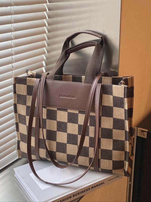 Women's Elegant Checked Pattern Tote Bag, Fashionable Patched Design Large Capacity Shoulder Bag for Work, Casual Trendy Versatile High-quality Daily Commuting Bag