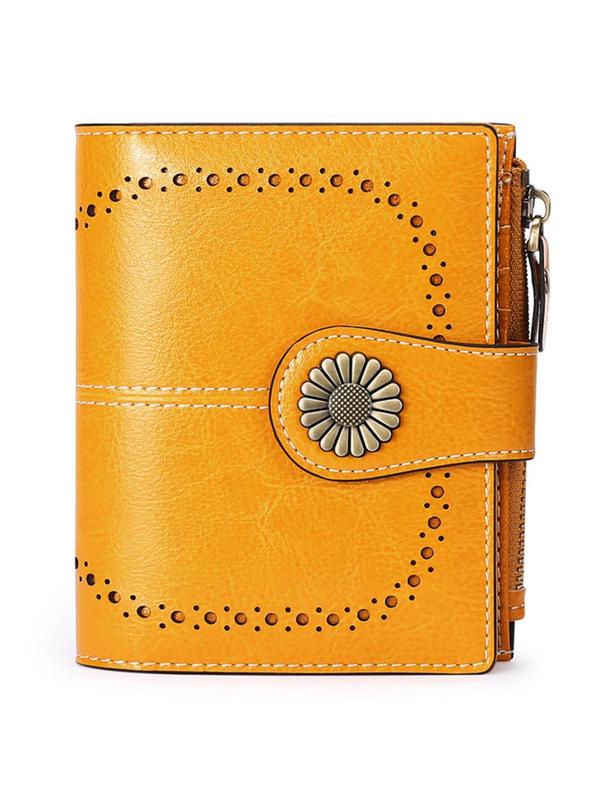 Women's Genuine Leather Wallet, Plain Color Bifold Leather Wallet, Summer Mini Travel Purse Zipper Rfid Blocking Short Money Saving Wallet for Daily, Fall Outfits, Fall Freshness