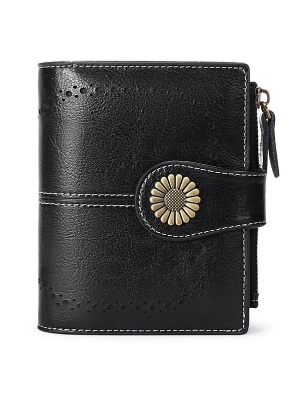 Women's Genuine Leather Wallet, Plain Color Bifold Leather Wallet, Summer Mini Travel Purse Zipper Rfid Blocking Short Money Saving Wallet for Daily, Fall Outfits, Fall Freshness