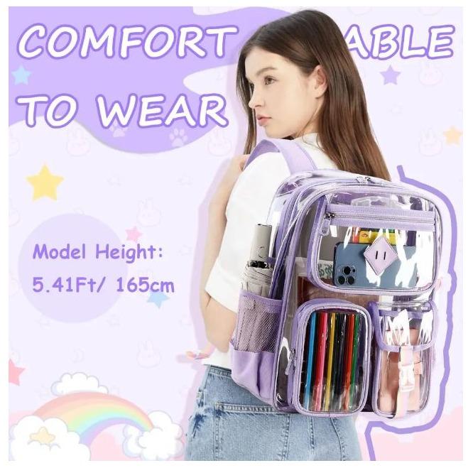 Clear Backpack  Heavy Duty PVC Stadium Approved--PIGPIGGIRL, Heavy Duty PVC Transparent Book Bag,See Through Backpack for School for Women for College Work Travel Festival&Multi-pockets for Colleges Workplace Security，elite bag