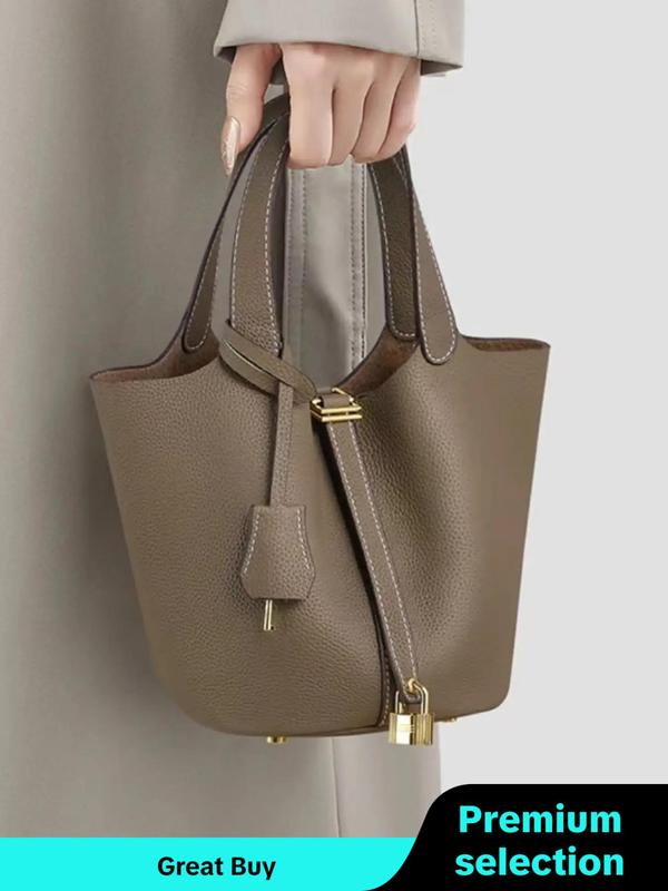 Women's Fashionable Plain Color Leather Bag, Casual Versatile Handbag with Lock Design, Trendy All-match Handbag for Daily Use