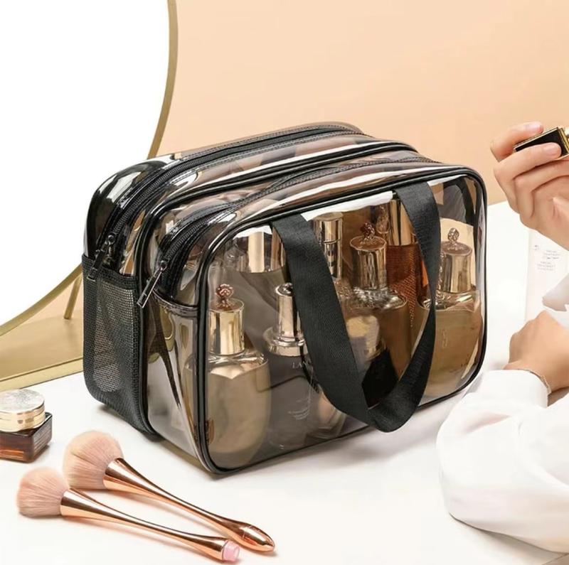 Clear Double-layer Travel Makeup Bag, Large Capacity Portable Cosmetic Toiletry Bag with Wet & Dry Uses Zipper Makeup Pouch, Back To School- 1 Count