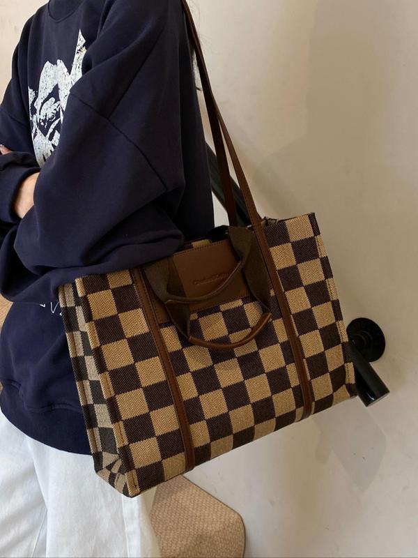 Women's Elegant Checked Pattern Tote Bag, Fashionable Patched Design Large Capacity Shoulder Bag for Work, Casual Trendy Versatile High-quality Daily Commuting Bag