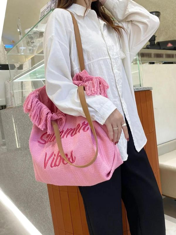 2024 Summer Fashion Letter Pattern Tassel Decor Canvas Tote Bag, Large Capacity Everything Tote Bag for Women, Vacation Beach Bag