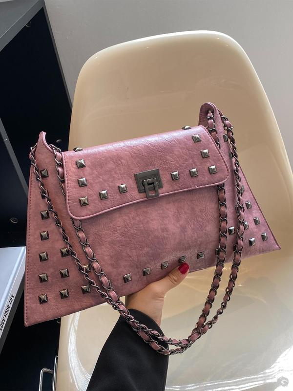 Women's Rivet Decor Tote Shoulder Bag, Solid Color Bag for Daily, Casual High-quality Daily Commuting Bag, Girl Shopping Bag Summer 2024 Back To School, Fall Outfits, Fall Freshness, for Fall, Designer Crossbody Bags for Men