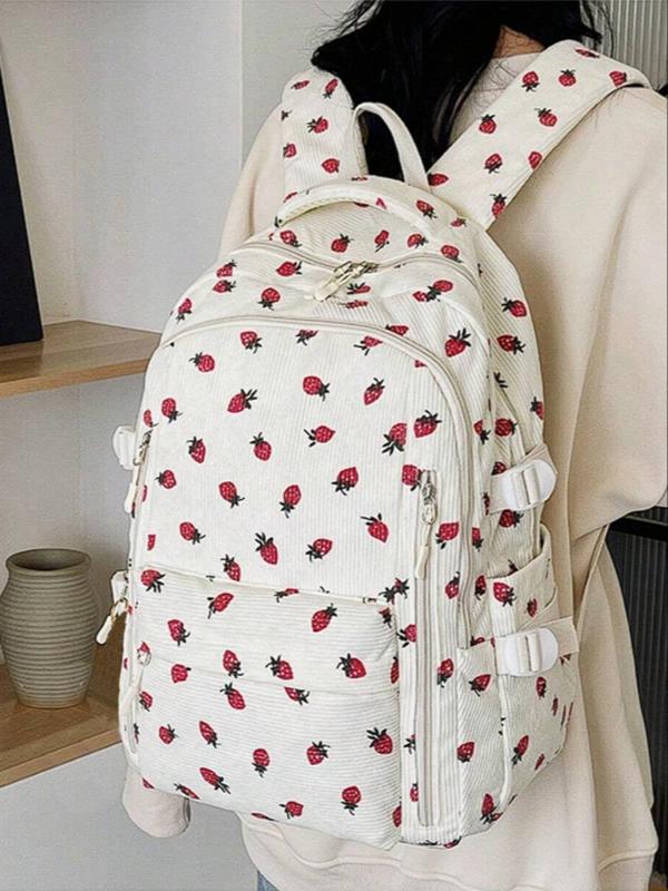 Cute Strawberry Print Backpack, Large Capacity Preppy School Backpack for Women & Men, Casual Trendy Commuting Backpacks for School