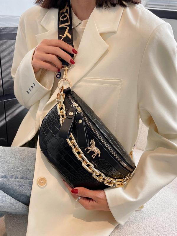 Women's Summer Fashion Solid Color Crocodile Embossed Fanny Packs, Casual PU Leather Belt Bag with Chain Decor, Zipper Bum Bag with Wide Strap