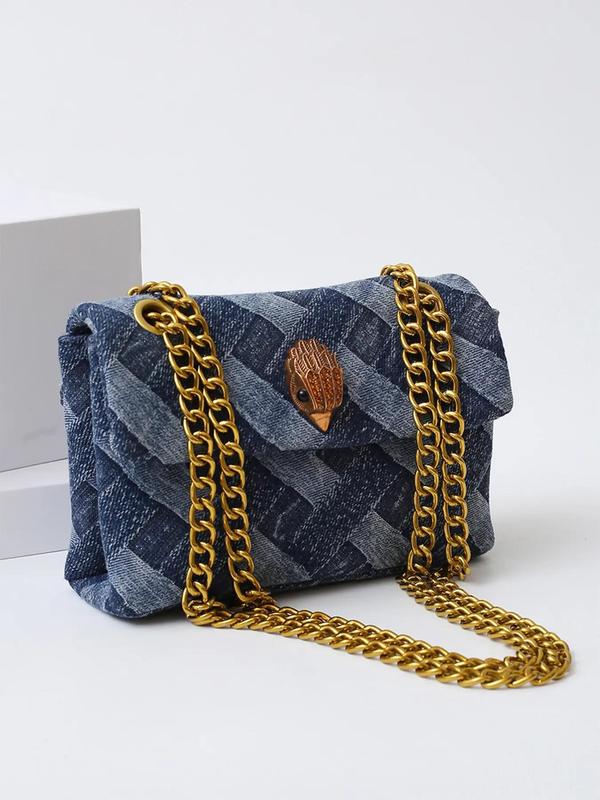 Fashionable Denim Woven Pattern Chain Strap Crossbody Bag, Casual Eagle Head Design Shoulder Bag for Women, Trendy All-match Commuter Bag for Daily Used