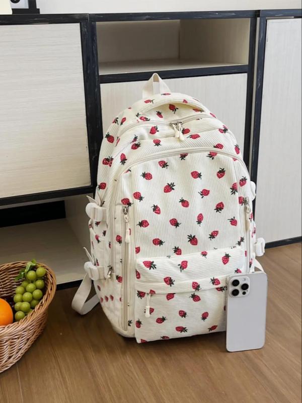 Cute Strawberry Print Backpack, Large Capacity Preppy School Backpack for Women & Men, Casual Trendy Commuting Backpacks for School