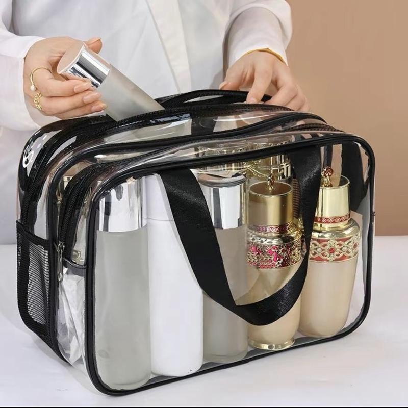 Clear Double-layer Travel Makeup Bag, Large Capacity Portable Cosmetic Toiletry Bag with Wet & Dry Uses Zipper Makeup Pouch, Back To School- 1 Count