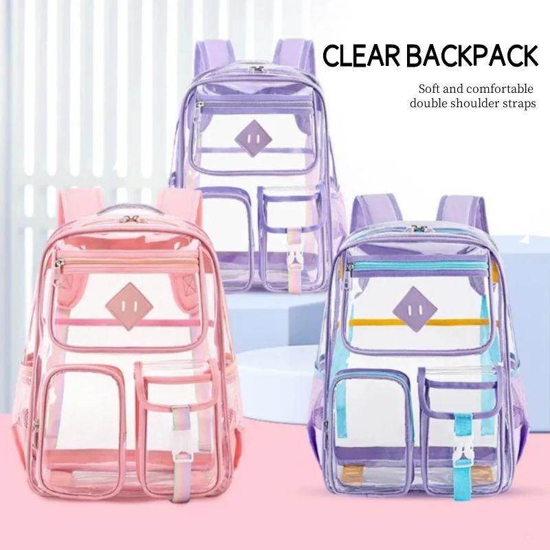 Clear Backpack  Heavy Duty PVC Stadium Approved--PIGPIGGIRL, Heavy Duty PVC Transparent Book Bag,See Through Backpack for School for Women for College Work Travel Festival&Multi-pockets for Colleges Workplace Security，elite bag