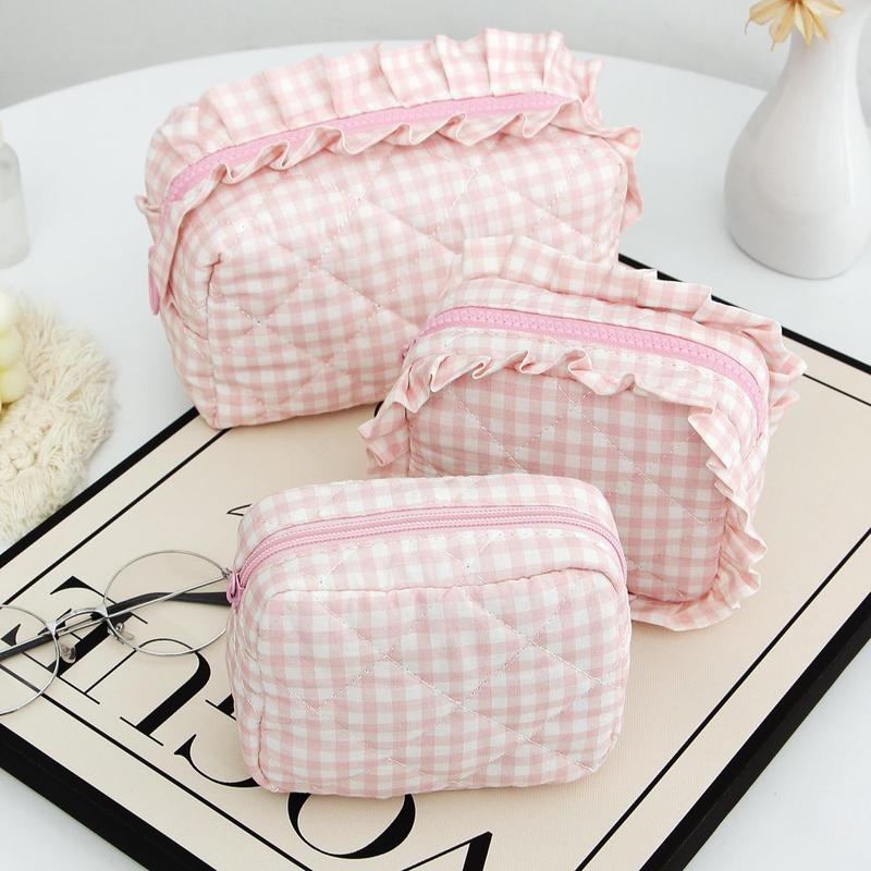 Checkerboard Print Ruffle Trim Makeup Bag Set, 3 Counts set Portable Travel Cosmetic Storage Bag, Zipper Makeup Organizer Pouch, Versatile Storage Bag, Christmas Gift