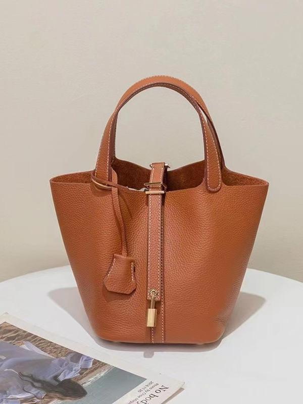 Women's Fashionable Plain Color Leather Bag, Casual Versatile Handbag with Lock Design, Trendy All-match Handbag for Daily Use