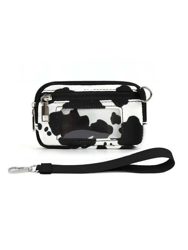 Women's Solid Color Checkerboard Cow Print Zipper Wristlet, Fashionable Wristlet with ID Card Window, Casual Trendy Daily Wallet for Women