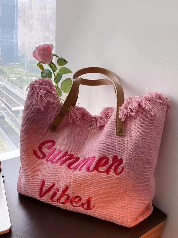 2024 Summer Fashion Letter Pattern Tassel Decor Canvas Tote Bag, Large Capacity Everything Tote Bag for Women, Vacation Beach Bag