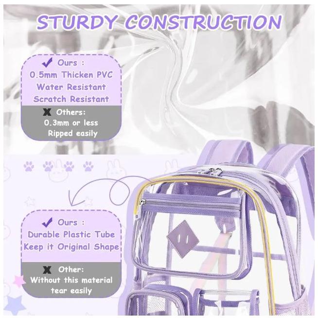 Clear Backpack  Heavy Duty PVC Stadium Approved--PIGPIGGIRL, Heavy Duty PVC Transparent Book Bag,See Through Backpack for School for Women for College Work Travel Festival&Multi-pockets for Colleges Workplace Security，elite bag