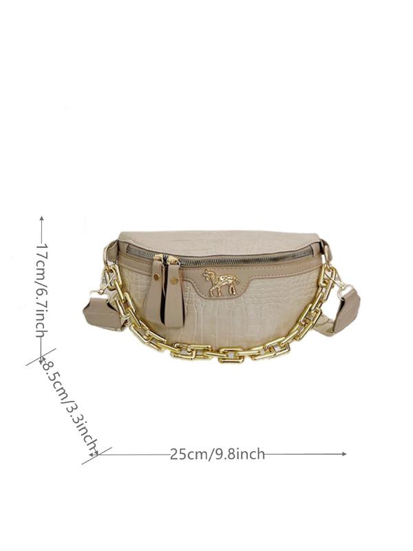 Women's Summer Fashion Solid Color Crocodile Embossed Fanny Packs, Casual PU Leather Belt Bag with Chain Decor, Zipper Bum Bag with Wide Strap