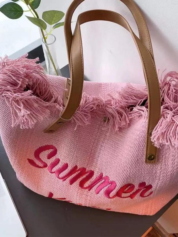 2024 Summer Fashion Letter Pattern Tassel Decor Canvas Tote Bag, Large Capacity Everything Tote Bag for Women, Vacation Beach Bag