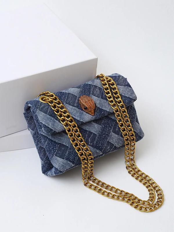 Fashionable Denim Woven Pattern Chain Strap Crossbody Bag, Casual Eagle Head Design Shoulder Bag for Women, Trendy All-match Commuter Bag for Daily Used