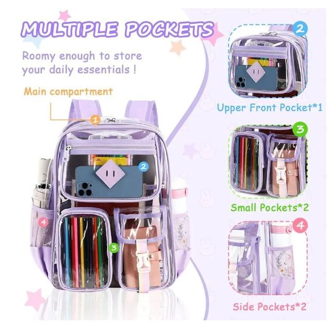 Clear Backpack  Heavy Duty PVC Stadium Approved--PIGPIGGIRL, Heavy Duty PVC Transparent Book Bag,See Through Backpack for School for Women for College Work Travel Festival&Multi-pockets for Colleges Workplace Security，elite bag