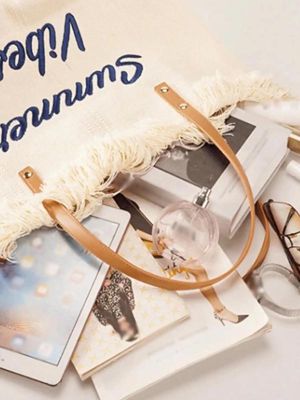 2024 Summer Fashion Letter Pattern Tassel Decor Canvas Tote Bag, Large Capacity Everything Tote Bag for Women, Vacation Beach Bag