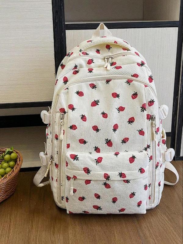 Cute Strawberry Print Backpack, Large Capacity Preppy School Backpack for Women & Men, Casual Trendy Commuting Backpacks for School