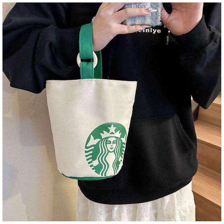 Cute Starbucks Pattern Canvas Shoulder Bag for Women - Casual Bucket Handbag, Perfect for Everyday Use